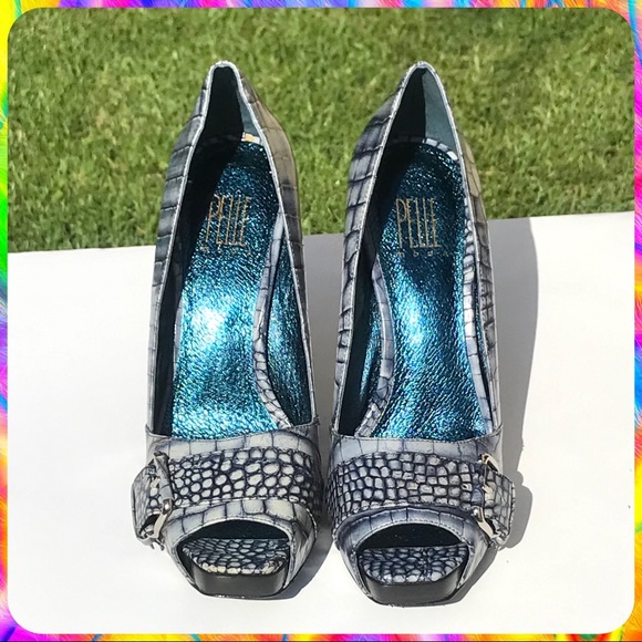 PELLE MODA Blue Gray Snakeskin Peep Toe Stiletto High Heels Pumps Size 8 M - Picture 2 of 14